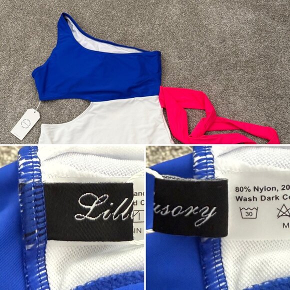 Lillusory One Shoulder Colorblock Swimsuit Size Medium Cut Out One Piece Neon Pi - Picture 5 of 9